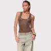 Shiny Deep V Solid Color Tank Top Fashionable Sexy Sheer Top
