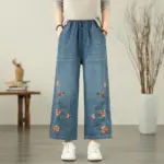 Butterfly Embroidered Loose-Fit Cotton Denim Jeans for Women