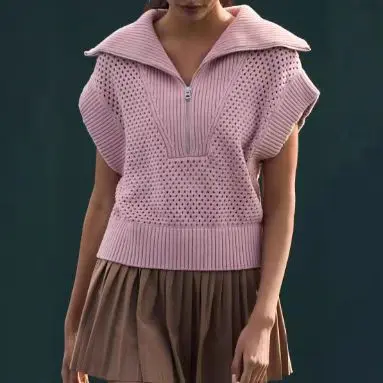 Zipper Front Lapel Knit Vest Pullover Sweater - Pink Zipper Front Lapel Knit Vest Pullover Sweater - Pink