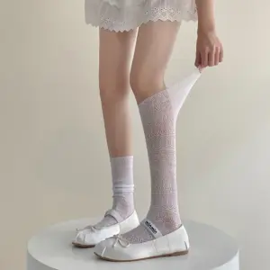 Summer Thin Solid-color Mesh Hollow-out Slouch Socks For Women, JK Retro Slim-fit Knee-high Niche Calf Ballet Knee-high Socks