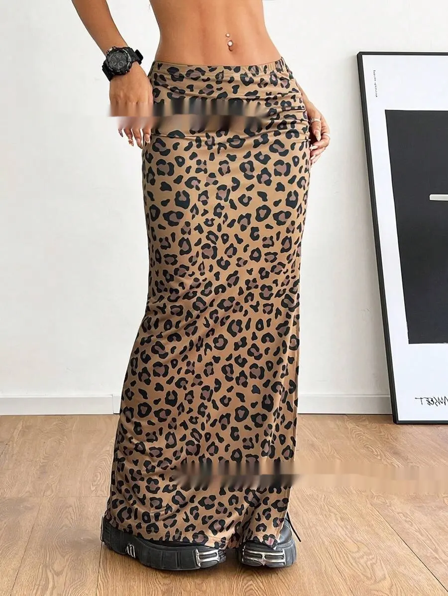 Animal Print Cow Milk Silk Pleated Slit Long Dress for Women