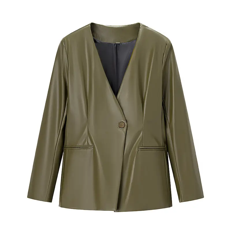 Women's Long-sleeved V-neck Leather Jacket
