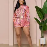 Printed Long-Sleeve Shorts Casual Set For Women