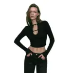 Wrinkle-Resistant Black Long Sleeve Slim-Fit Crop Top