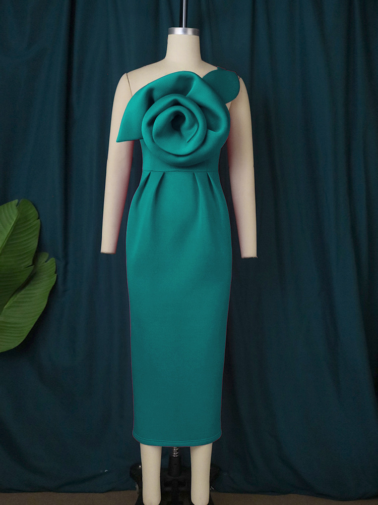 One-shoulder Diagonal Collar Three-dimensional Flower Dress For Women