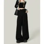Statement Black Lace Stitch Wide-Leg Casual Pants for Women