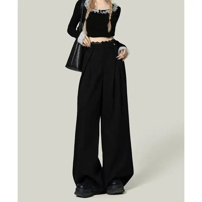 Statement Black Lace Stitch Wide-Leg Casual Pants for Women