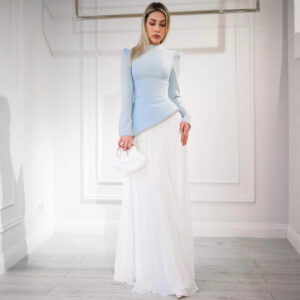 Beaded & Sequined Pleated Chiffon Evening Gown, Blue/White