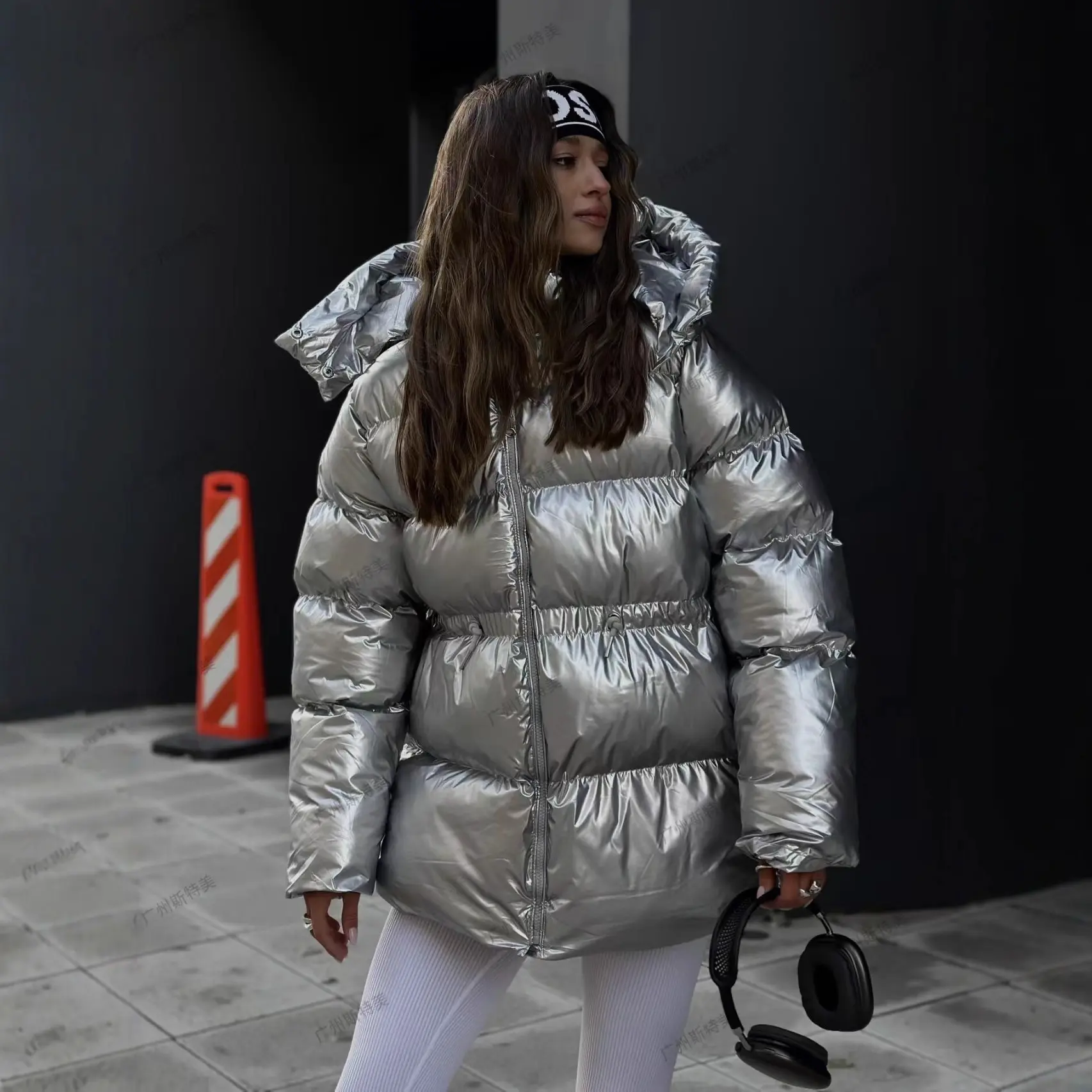 Drawstring Womens Casual Coat with Long Sleeves - Silver/Black