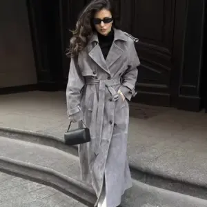 Womens Suede Fleece Trench Coat, Thin Polyester Long 80-100 cm