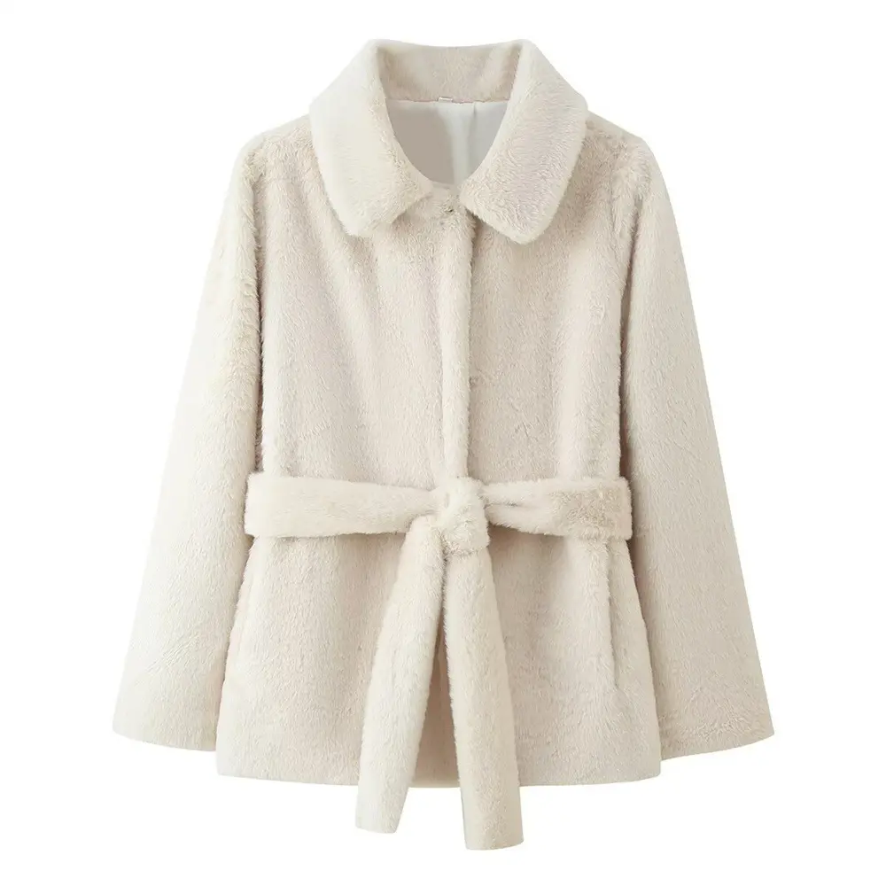 Belt-Effect Slim-Fit Lapel Faux Fur Coat for Women