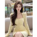 Yellow Mesh Square Neck Long Sleeve Dress with Hood