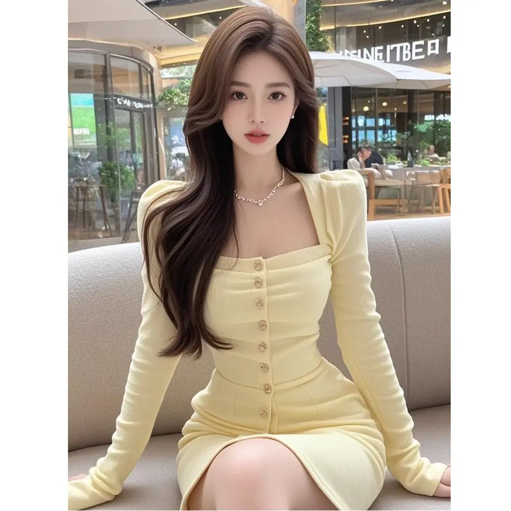 Yellow Mesh Square Neck Long Sleeve Dress with Hood