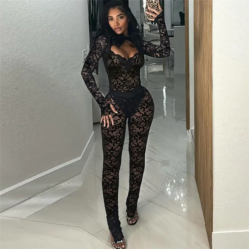 Fashion Solid Color Lace See-through Hollow Out Stitching Slim Fit Sexy Fashion Solid Color Lace See-through Hollow Out Stitching Slim Fit Sexy