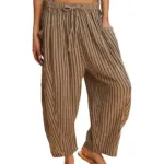 Striped Straight-leg Pants Elastic Waist Cropped Pleated Pants