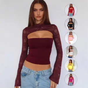 Womens Mature Solid-Colored Lace-Patchwork Chest-Enhancing Tight-Fit Midriff-Baring Top
