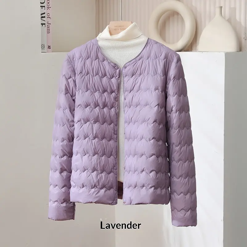 Women’s Short Puff Jacket with Ruffled Crew Neck Pockets