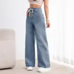 Retro Lace-Up High-Waist Wide Leg Cotton Jeans for Women