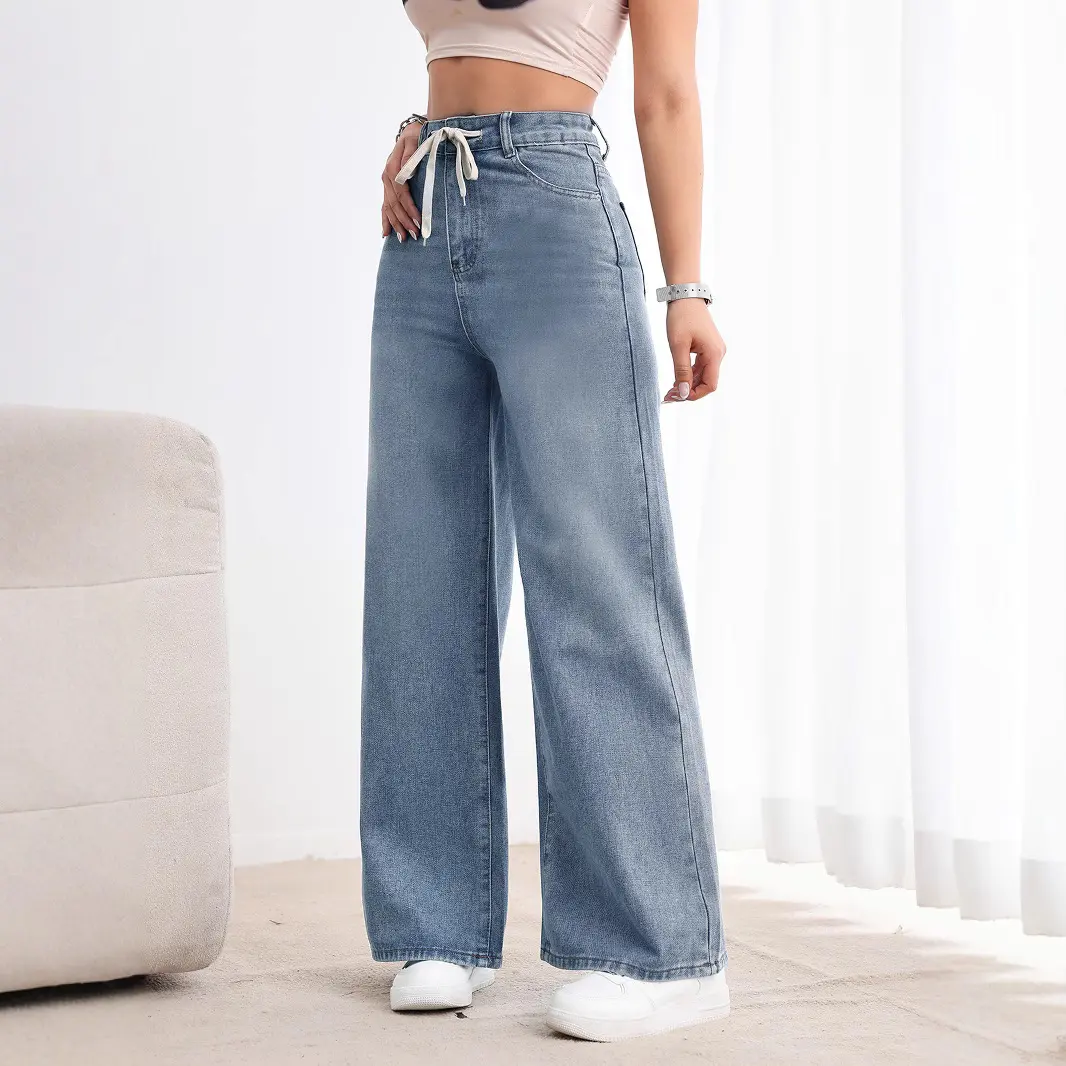 Retro Lace-Up High-Waist Wide Leg Cotton Jeans for Women