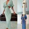Hollow Out V-Neck Slim Fit Midi Dress with Elastic Waist Hollow Out V-Neck Slim Fit Midi Dress with Elastic Waist