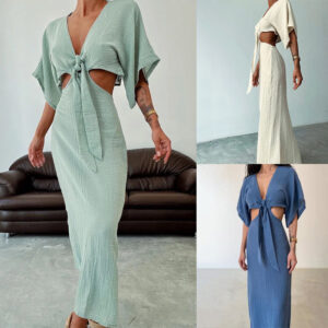 Hollow Out V-Neck Slim Fit Midi Dress with Elastic Waist