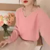 Womens Solid Color Long-Sleeve V-Neck Sweater