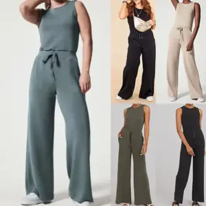Solid Color Jumpsuit Sleeveless Tops Tie Elastic Pants Romper