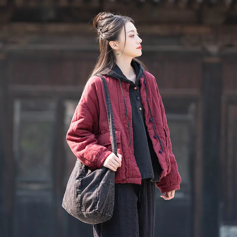 Womens Retro Colorblock Padded Jacket with Knotted Buttons