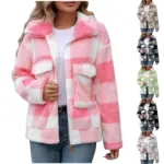Warm Double-Sided Polar Fleece Plaid Zip-Up Coat with Pockets