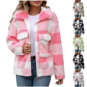 Warm Double-Sided Polar Fleece Plaid Zip-Up Coat with Pockets