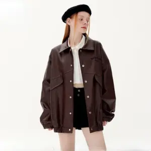 Loose Lapel Leather Jacket for Everyday Retro Style - Black