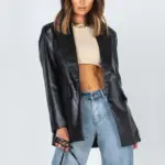 Women's Warm Leather Jacket with Peter Pan Collar - Black
