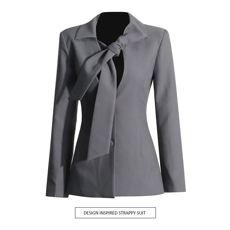 Lace-Up V-Neck Single-Breasted Gray Blazer for Women