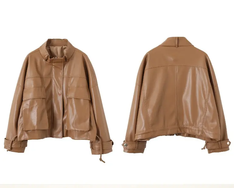 Brown Women’s Faux Leather Jacket Stand-Up Collar Brown Women’s Faux Leather Jacket Stand-Up Collar