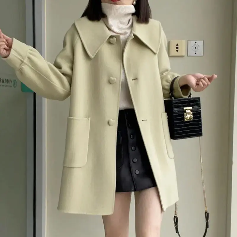 Womens Geometric Wool Coat with Doll Neck Patchwork