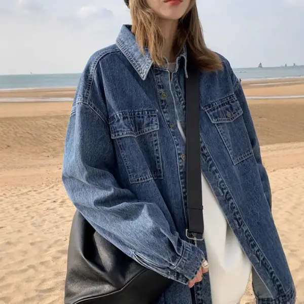 Korean-Style Denim Layered Shirt Top in Dark Blue
