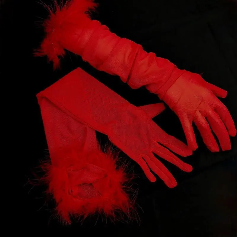 Sexy Black Silk Gloves 55CM Super Long Stretch Black Feather