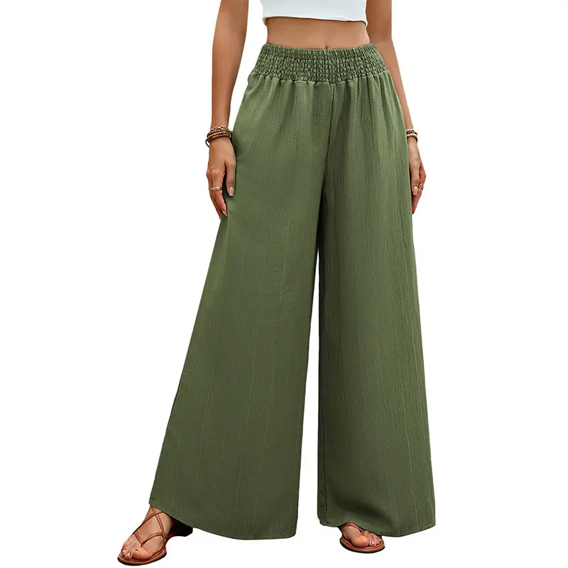 Army Green Wide-Leg Pants for Women with Elastic Waist