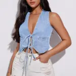 Deep V-Neck Denim Tank Top for Women, Light Blue Slim Fit