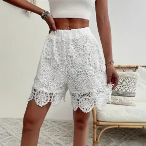 Lace Embroidered High-Waist Elastic Waist Shorts