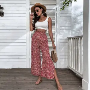 Retro Red For Women Pants Rayon High Waist Cropped Wide-leg Pants