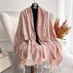 Lightweight Jacquard Cashew Tassel Shawl with Drape