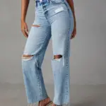 Ripped, Raw-Hem Denim Jeans Casual Washed Womens Straight-Leg Pants