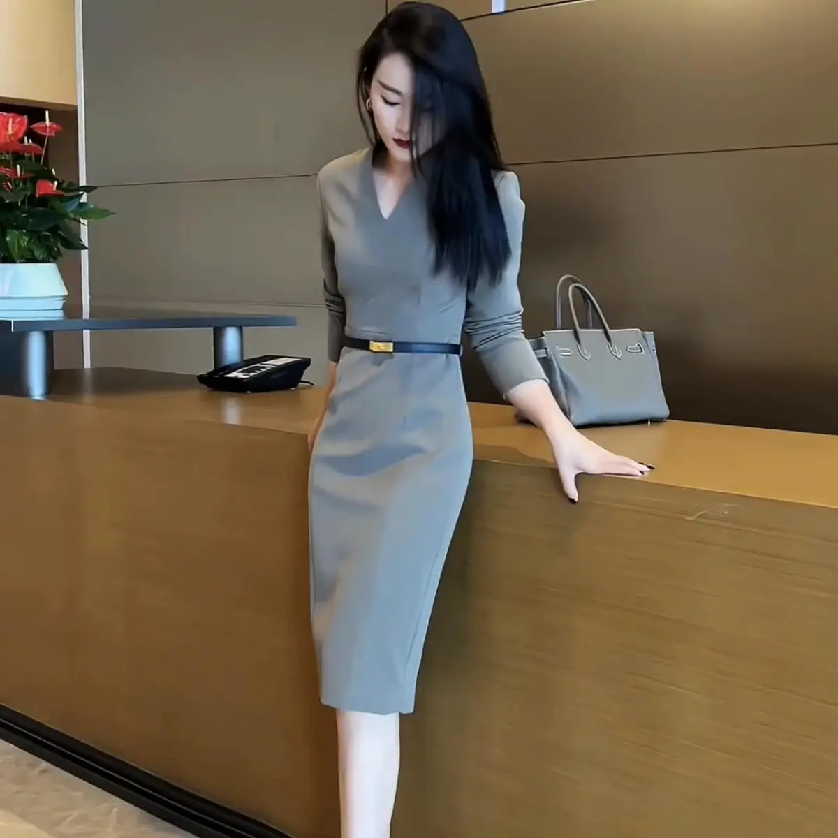 French Style Art Deco Off-Shoulder Gray Modal Dress French Style Art Deco Off-Shoulder Gray Modal Dress