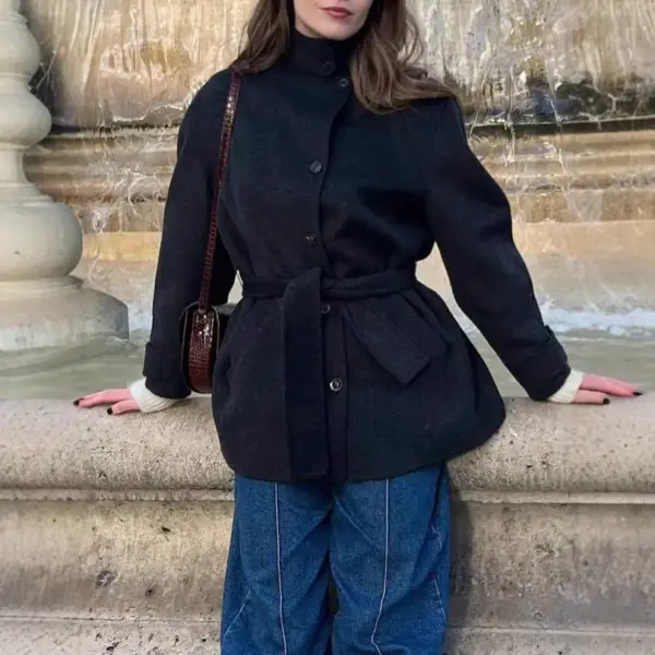 Womens Wool Coat With Belt Mock Neck And Solid Color Womens Wool Coat With Belt Mock Neck And Solid Color