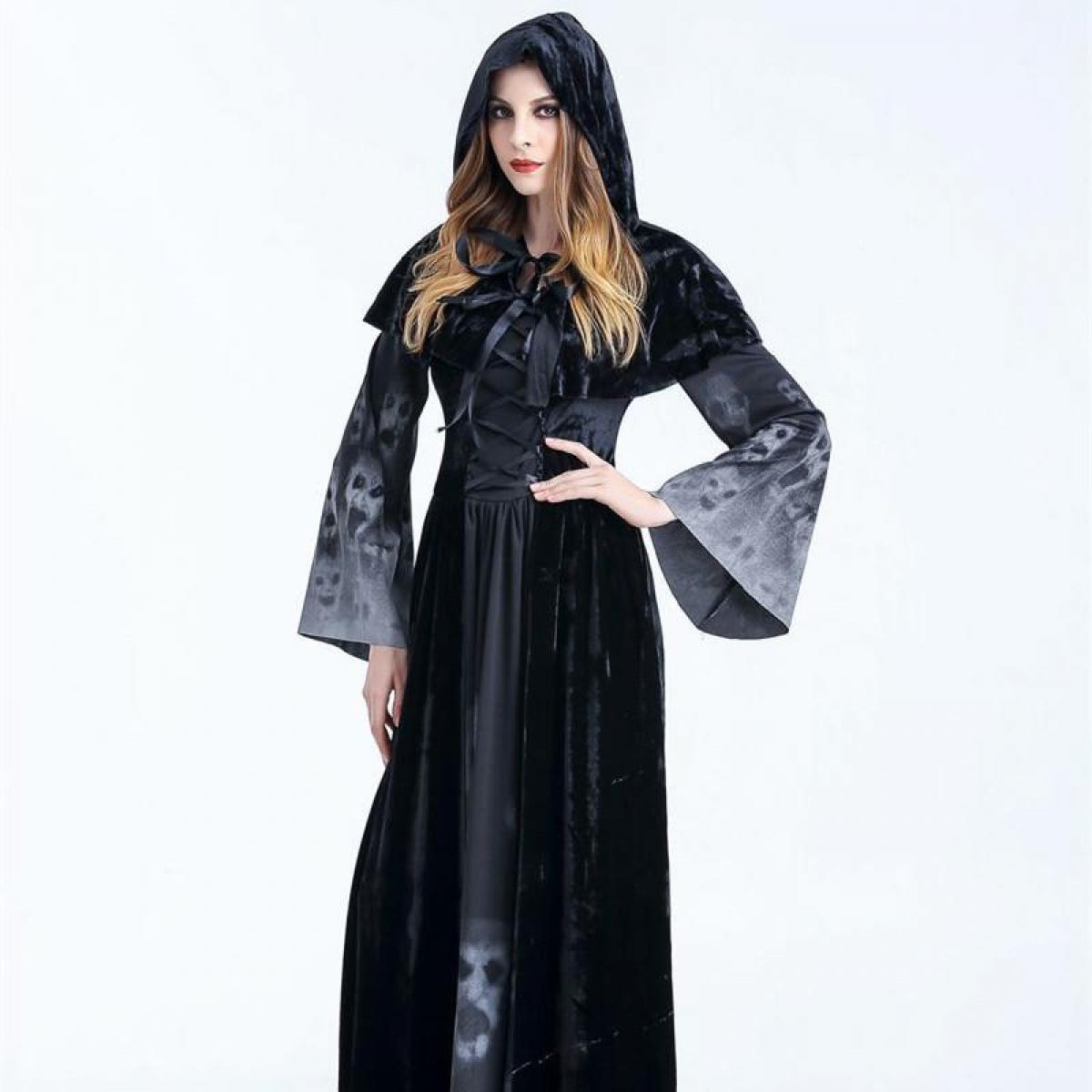 Spooky Gothic Witch Maxi Dress for Women, Black Hooded