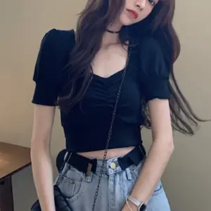 Bubble Sleeve Knitted Short Sleeve T-shirt Women''s Summer Short