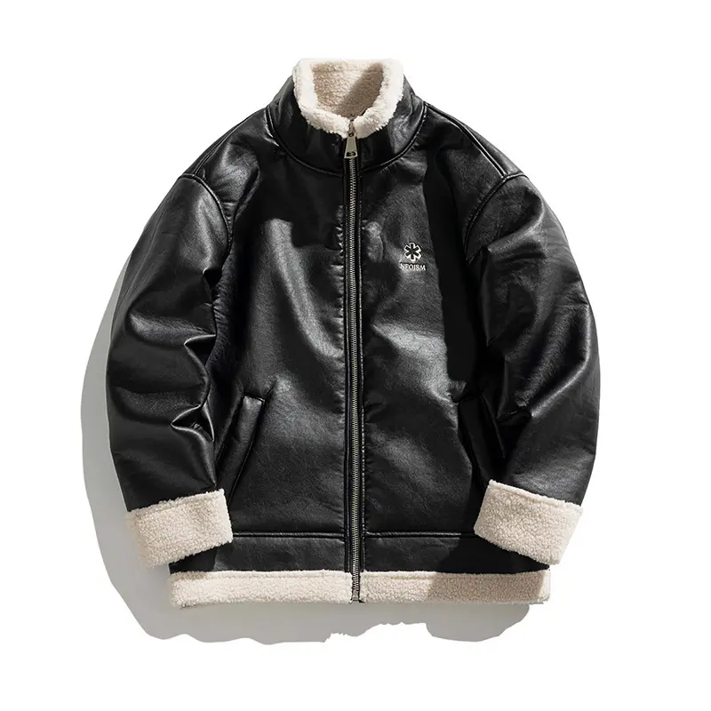 Warm Thickened Lambswool PU Leather Cotton Jacket - Black Warm Thickened Lambswool PU Leather Cotton Jacket - Black