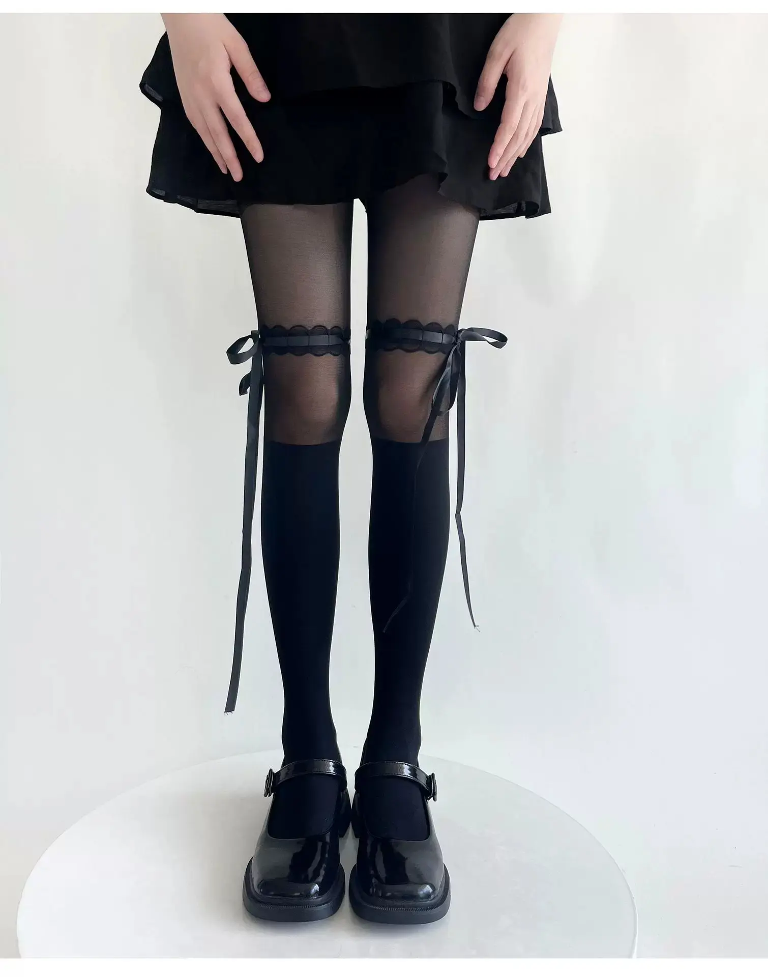 Pure Desire Style Lolita Patchwork Stockings, Summer Thin Style For Women, Slimming Bandage Bow Ballet Style Black Pantyhose