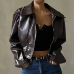 Retro Brown PU Leather Zipper Jacket for Women, Slim Fit